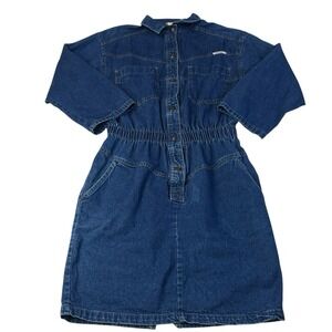 VTG Ideas Denim Dress Womens M Button Elastic Stretch Waist Pockets Blue 90s